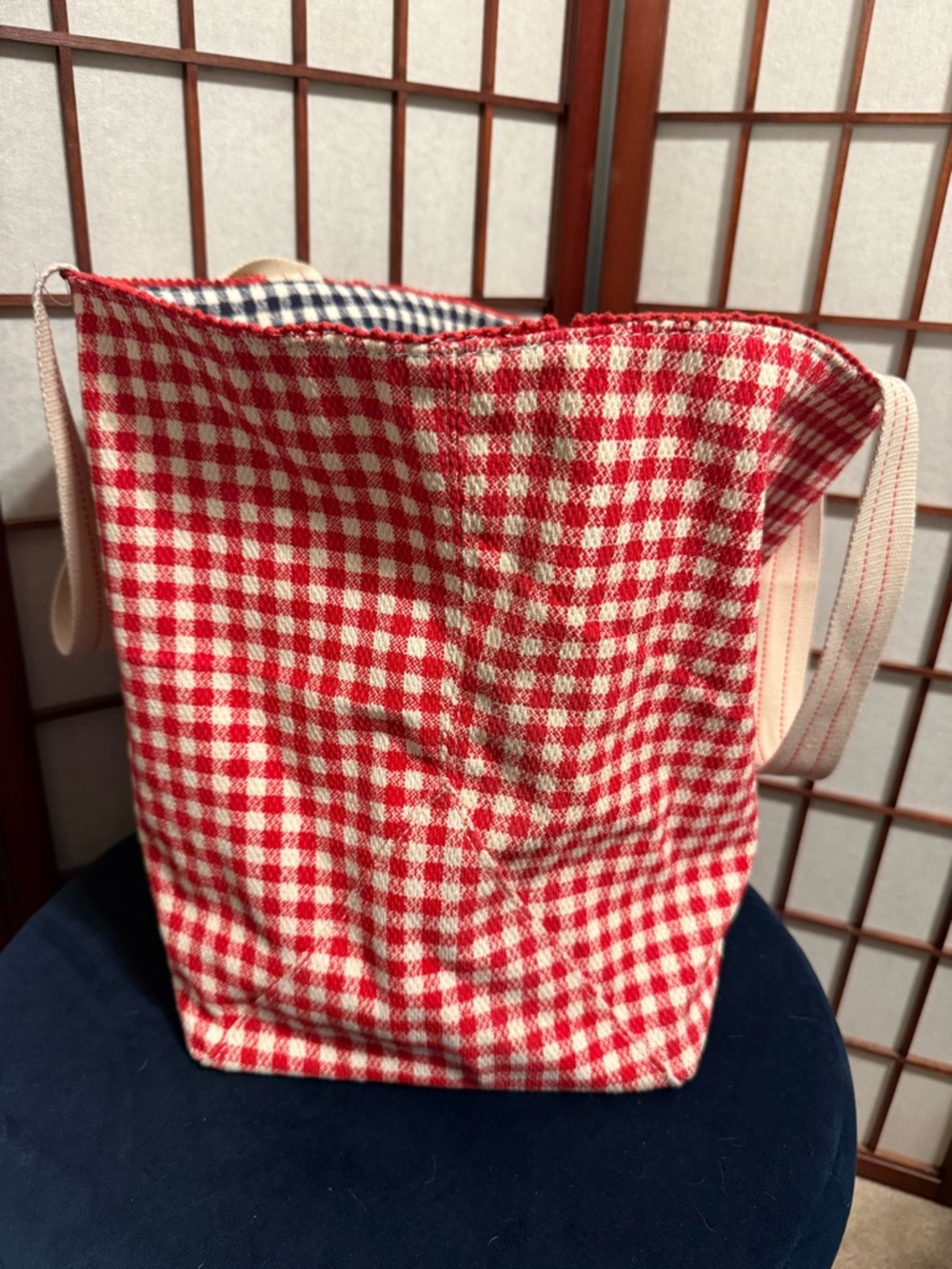 Spacious Reversible Canvas Tote Handbag -  Red & Navy Gingham - Picture 5 of 14